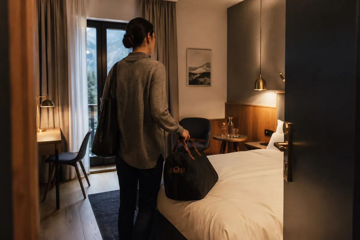 Gast kommt entspannt in einem warm beleuchteten Hotelzimmer an