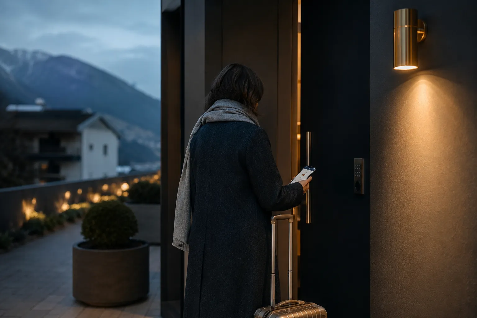 Gast öffnet bei Dämmerung die beleuchtete Tür eines modernen Hotels in den Bergen per Smartphone.