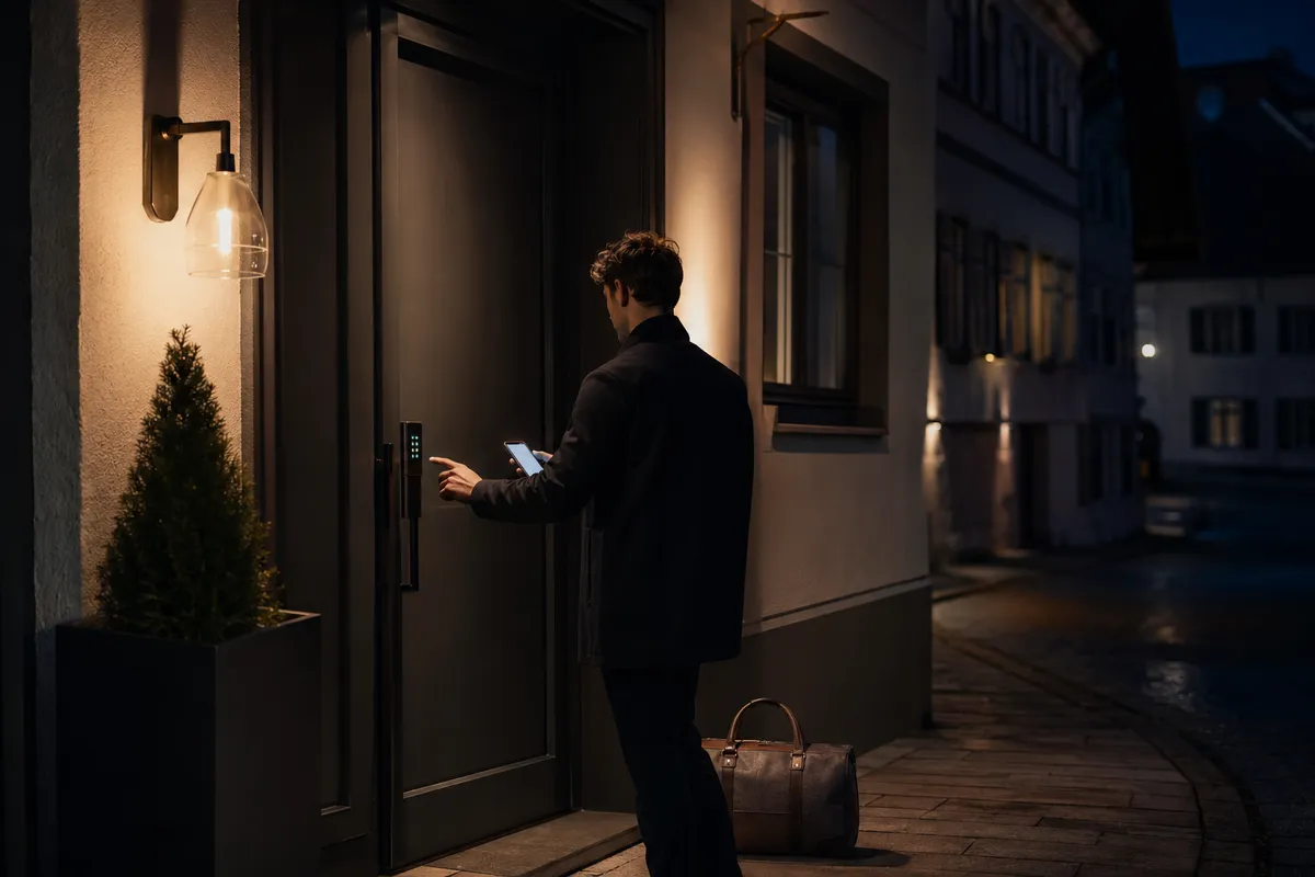 Gast steht nachts vor einer modernen Hoteltür, das Gesicht vom Smartphone beleuchtet, Finger am Smart-Lock-Keypad