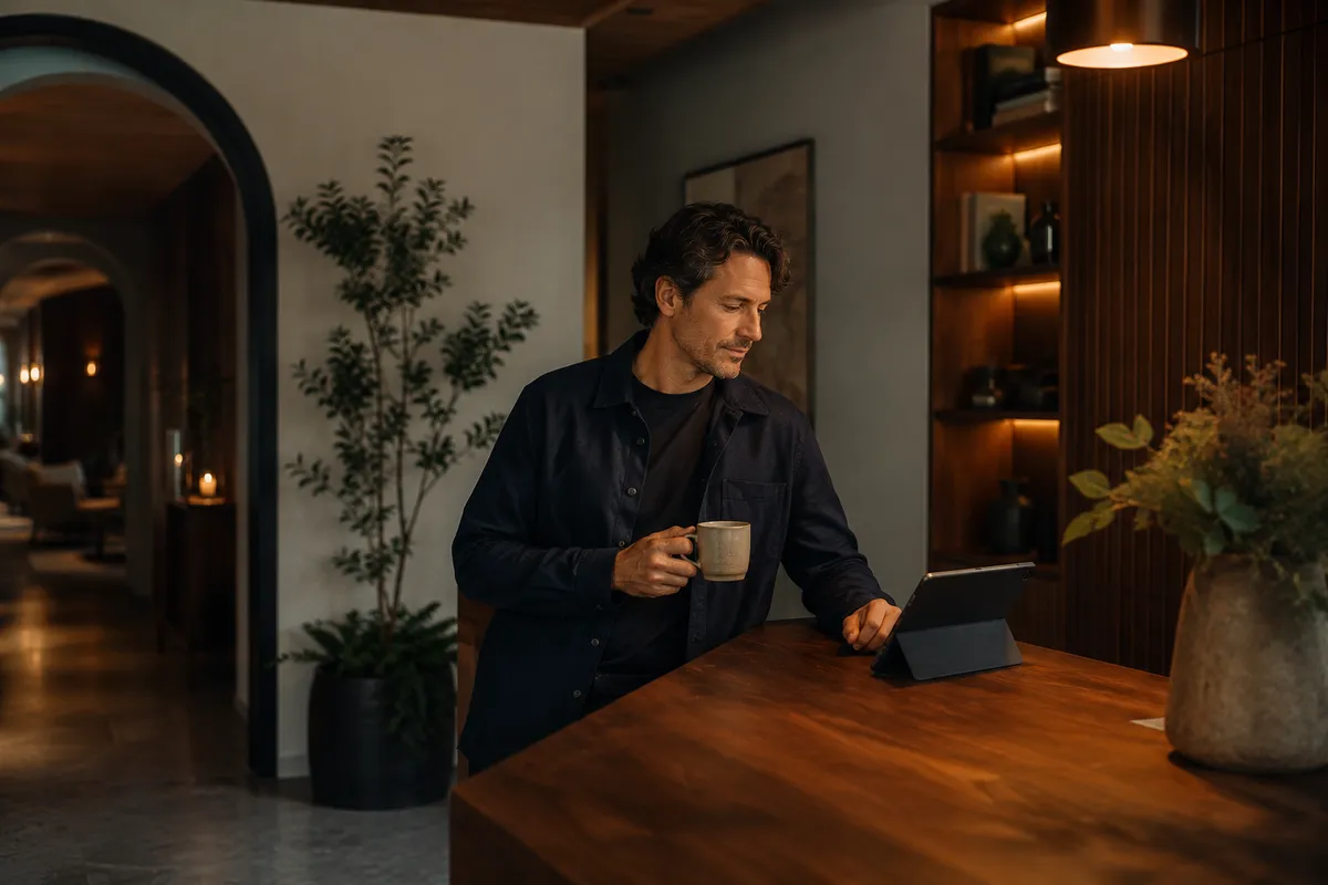 Hotelbetreiber wirft in einer ruhigen Lobby einen entspannten Blick auf ein Tablet